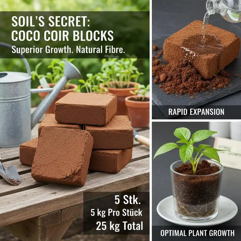 Bloc de coco 5 pièces 5kg, un total de 25kg, substrat organique pour culture de fleurs, légumes, jardin. Expédition depuis entrepôt local.