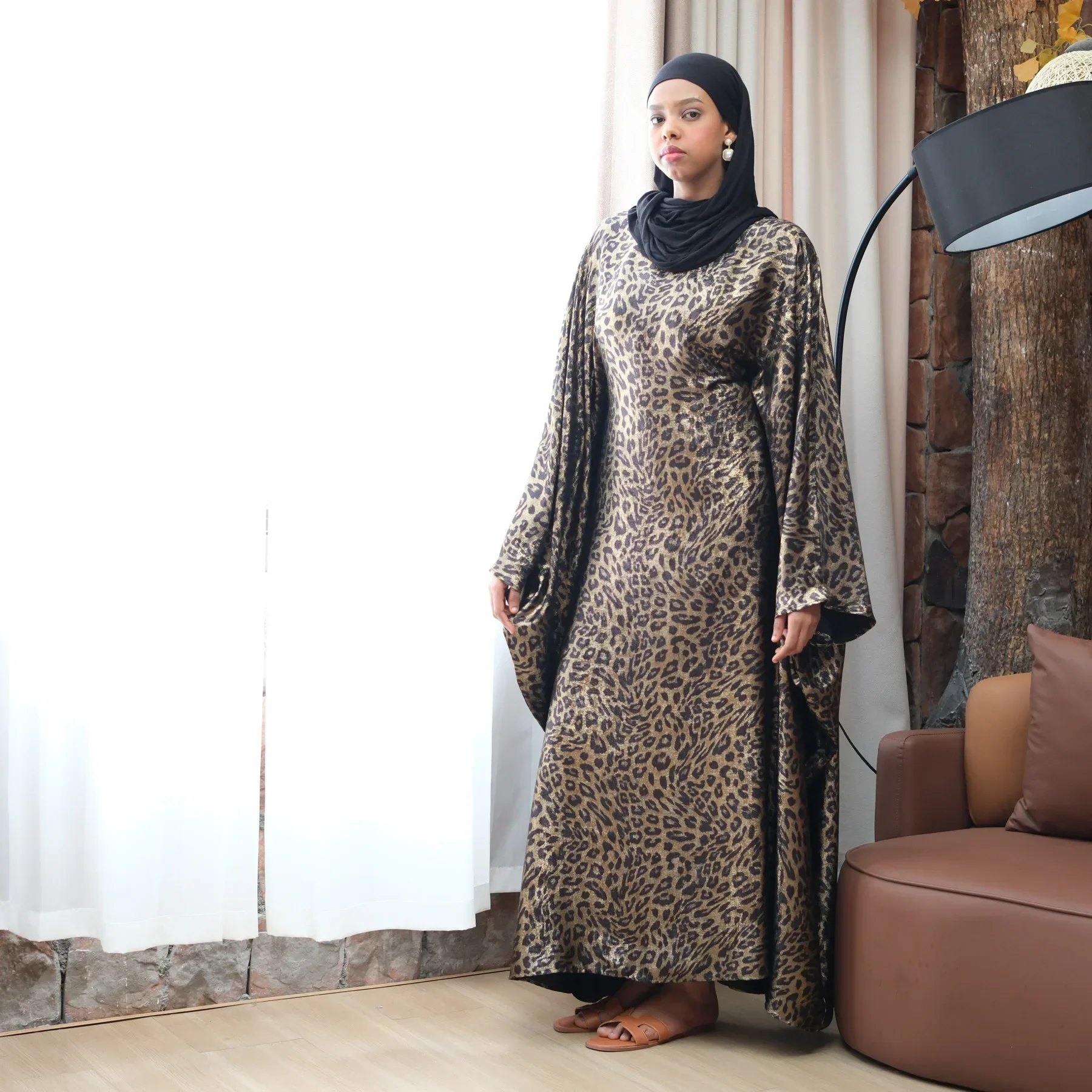 

Luxury Muslim Dress Women Elegant Leopard Print Muslim Abaya Modest Saudi Arabia Ramdan Dubai Abayas Dress Islam Turkey Robe