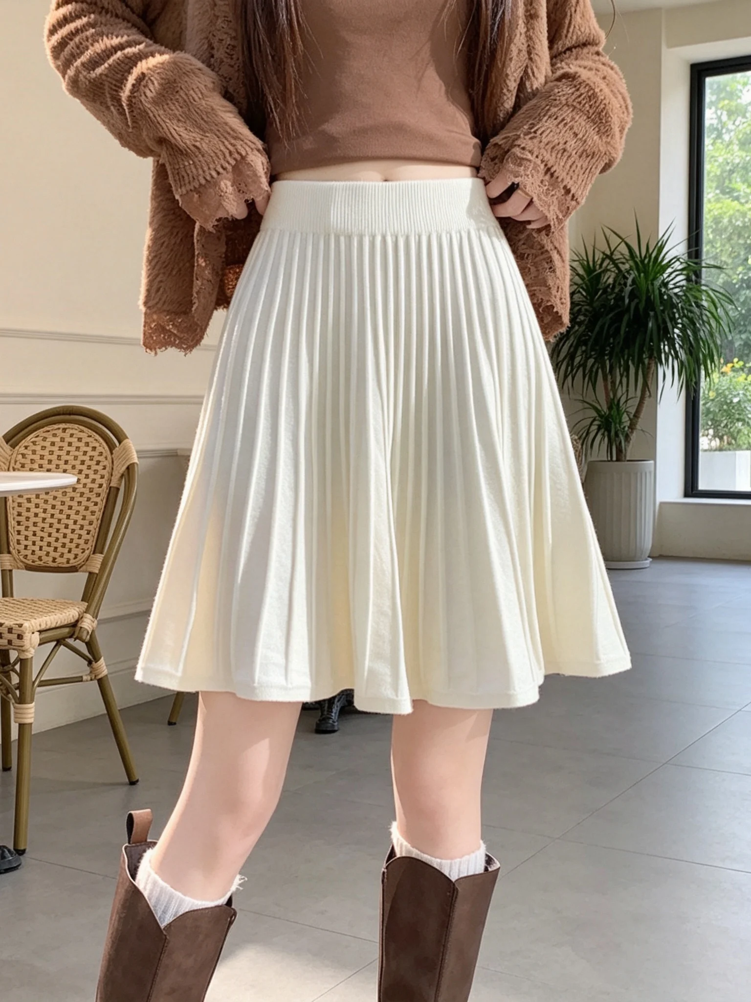 High Waist Knitted A-Line  Skirt Women's Autumn 2026 New Style Pleated Skirt Full Swing Skirt Commute Polyester Fiber