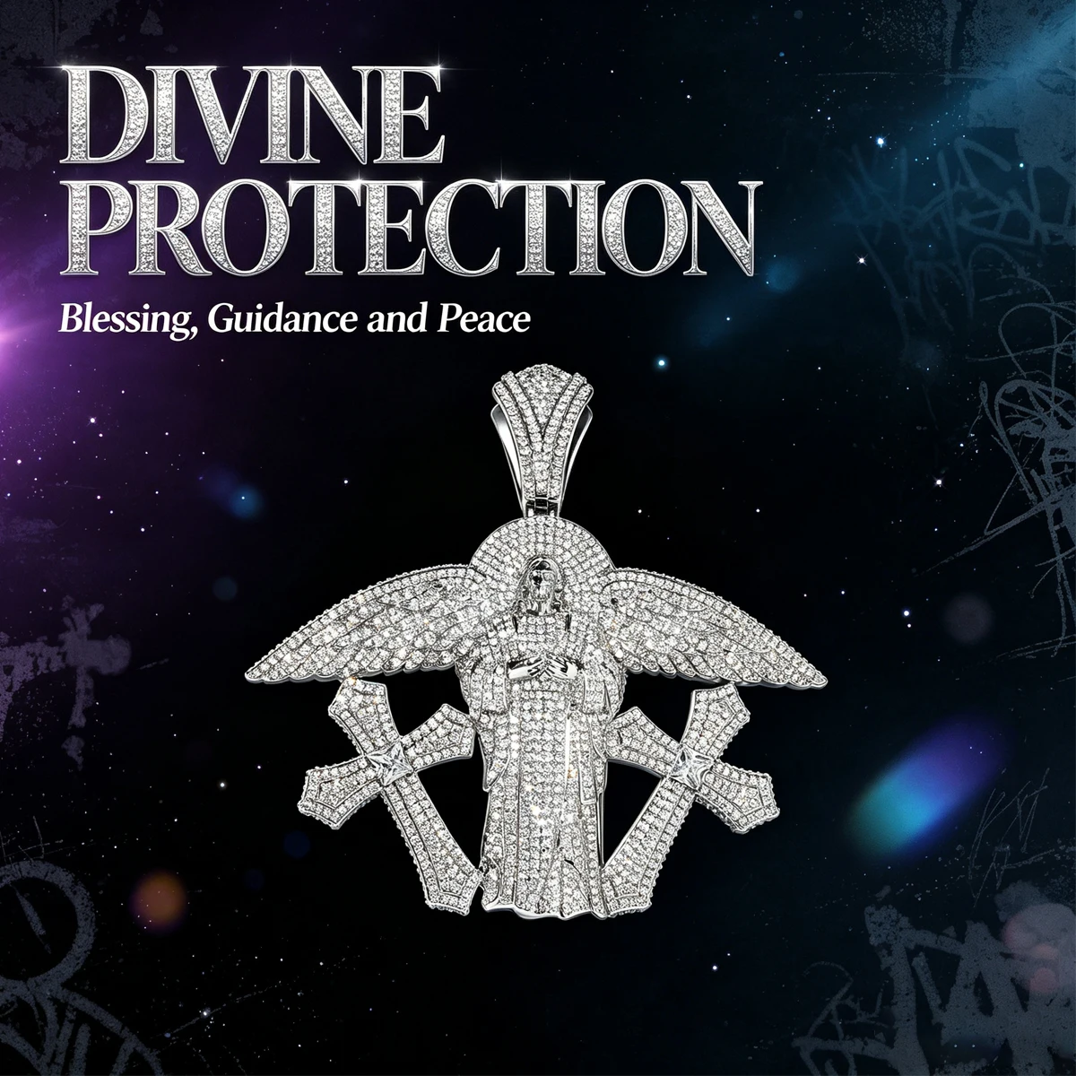 Iced Out Large Angel With Double Cross Pendant Full Sparkling CZ 18K Gold Plated Divine Protection Faith Religious Jewelry Hip Hop Bold Oversized Statement Necklace Charm For Men Perfect For Rap Street Culture Daily Wear Party Gift Fine Jewelry Accessory