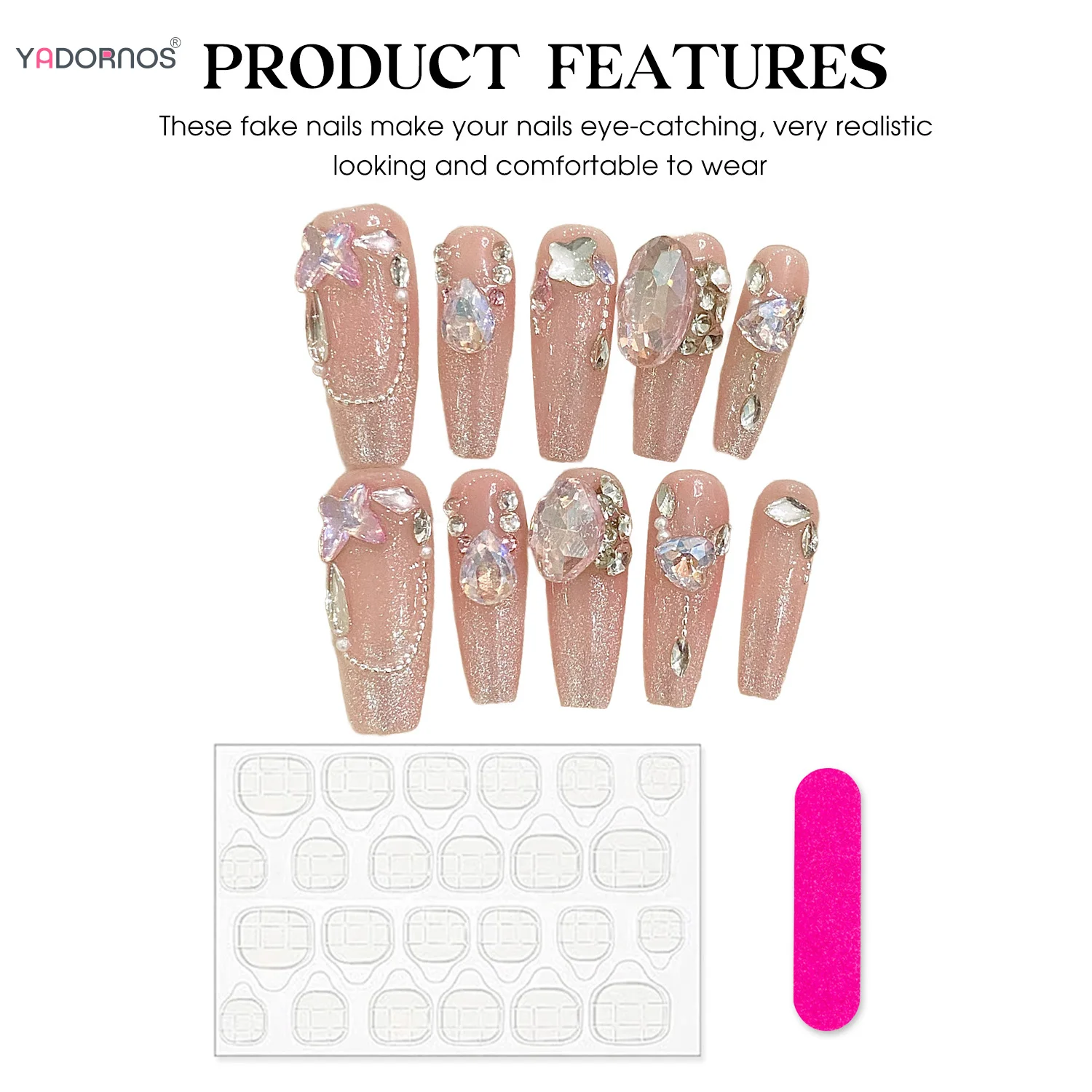 أظافر زهرية مصنوعة يدويًا ، أظافر مزيفة طويلة لراقصة الباليه ، تصميمات ماسية ، مانيكير يمكن ارتداؤه ، نساء وفتيات ، أظافر لامعة ، 10 *