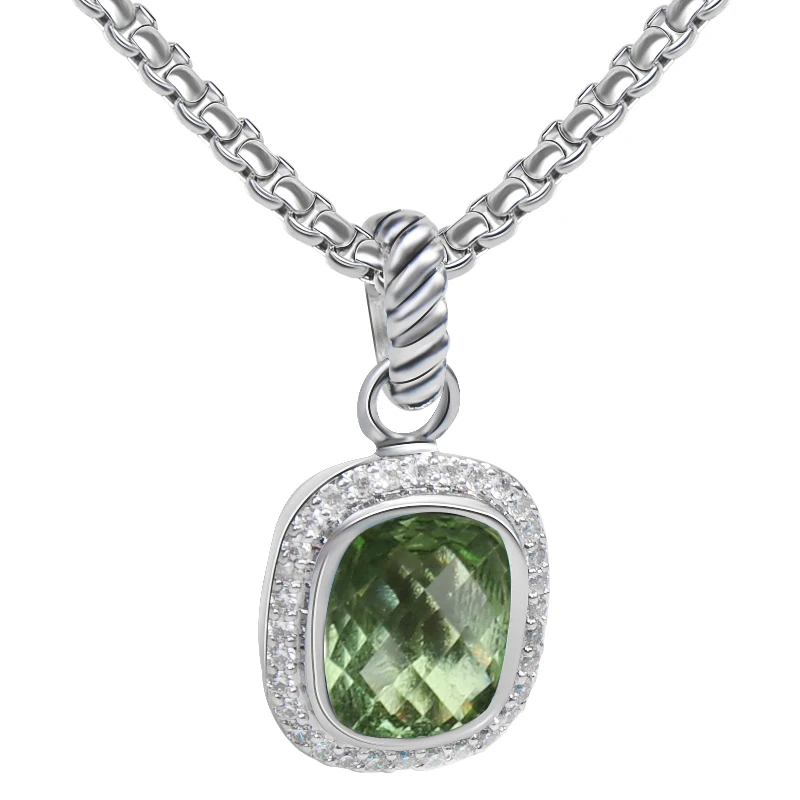 

12mm*10mm cushion cut green cubic zirconia pendant fashionable rectangular CZ personality necklace women's David jewelry gift