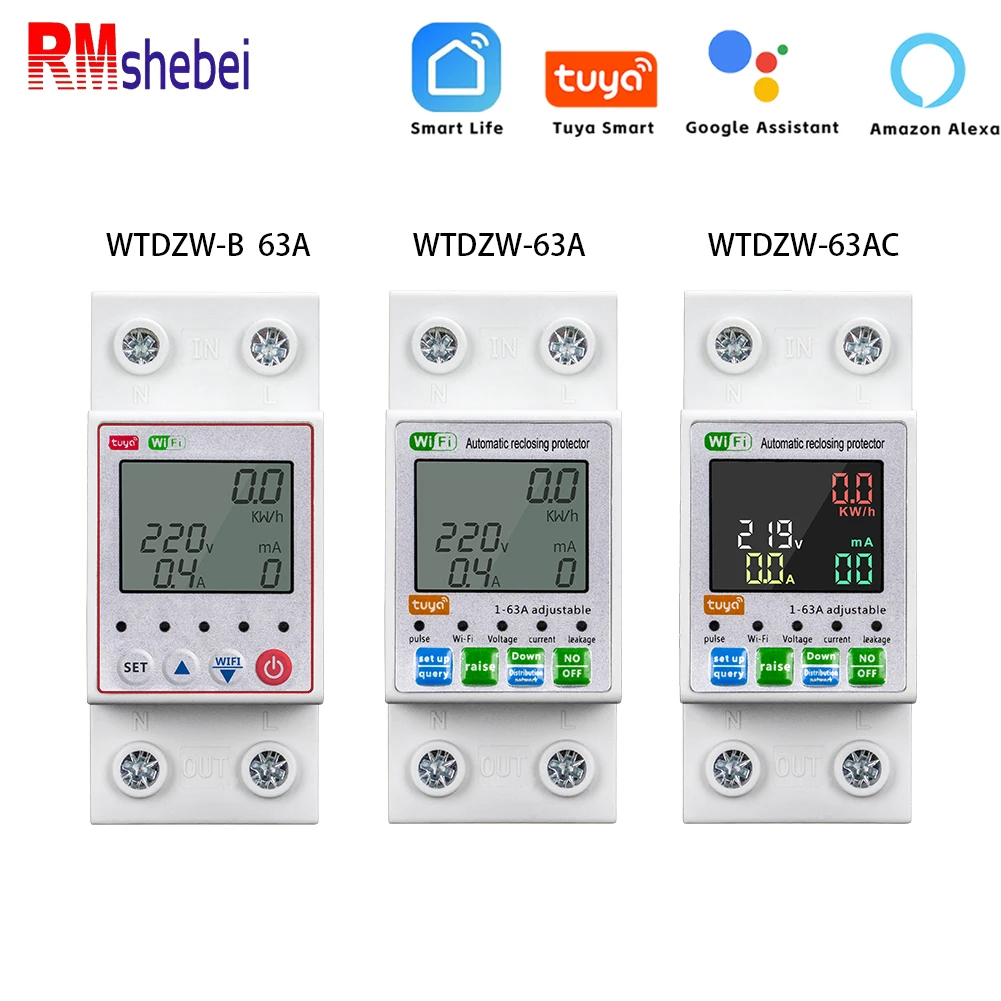 RMshebei wifi smart circuit breaker wifi electricity prepaid meter 63a voltage protector 220v app remote control mobile phone