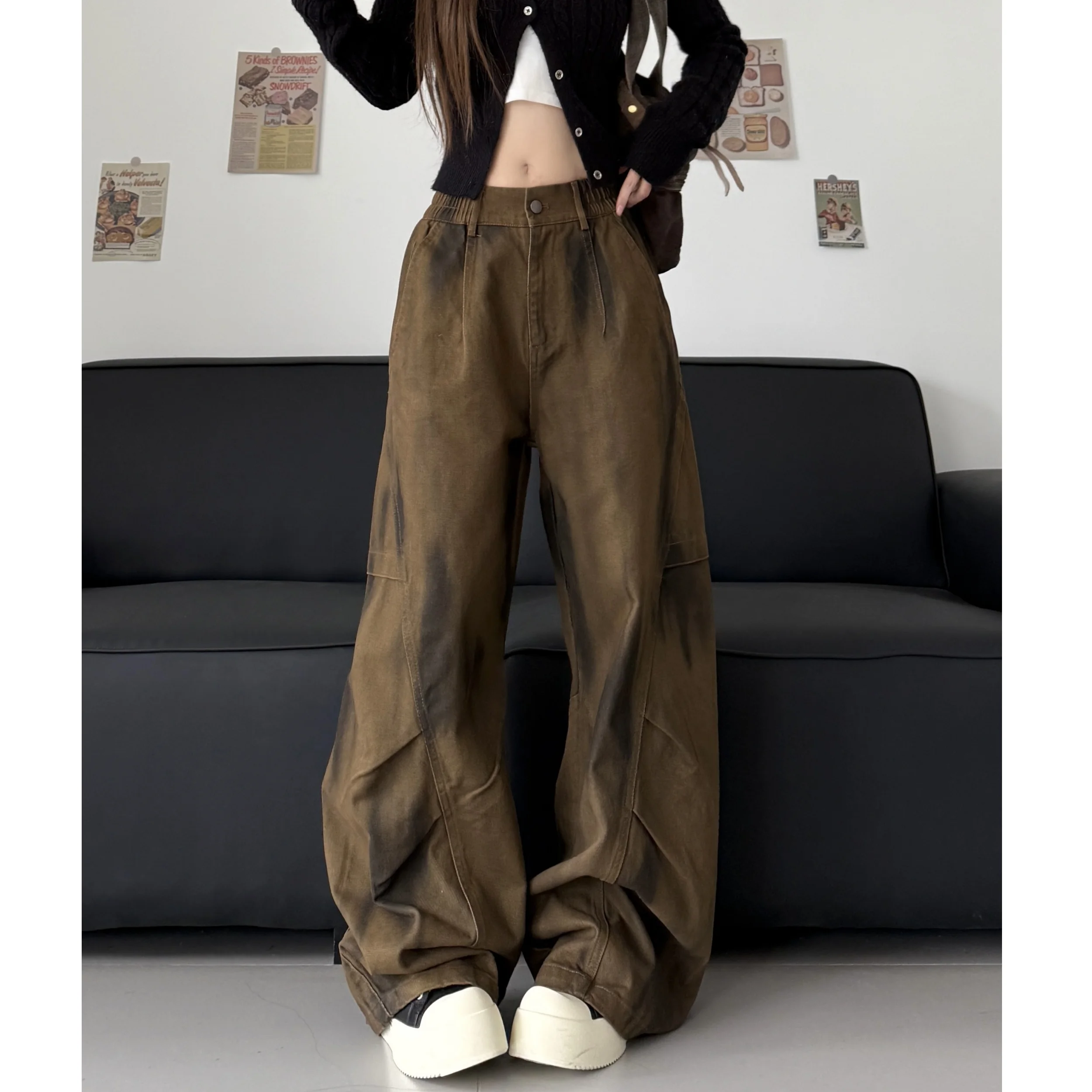 

Women's High Waist Tie Dye Color Wide Leg Bf Style Cargo Pants Lady Streetwear Loose Straight Full Length Pants