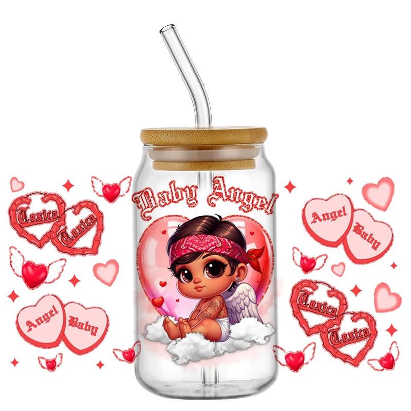 منتج جديد ثلاثية الأبعاد الحلو الملاك الحب الإبداع UV DTF ملصق مضاد للمياه لتقوم بها بنفسك التفاف ملصق مائي ل 16 أوقية كوب القدح يلتف سهلة التطبيق