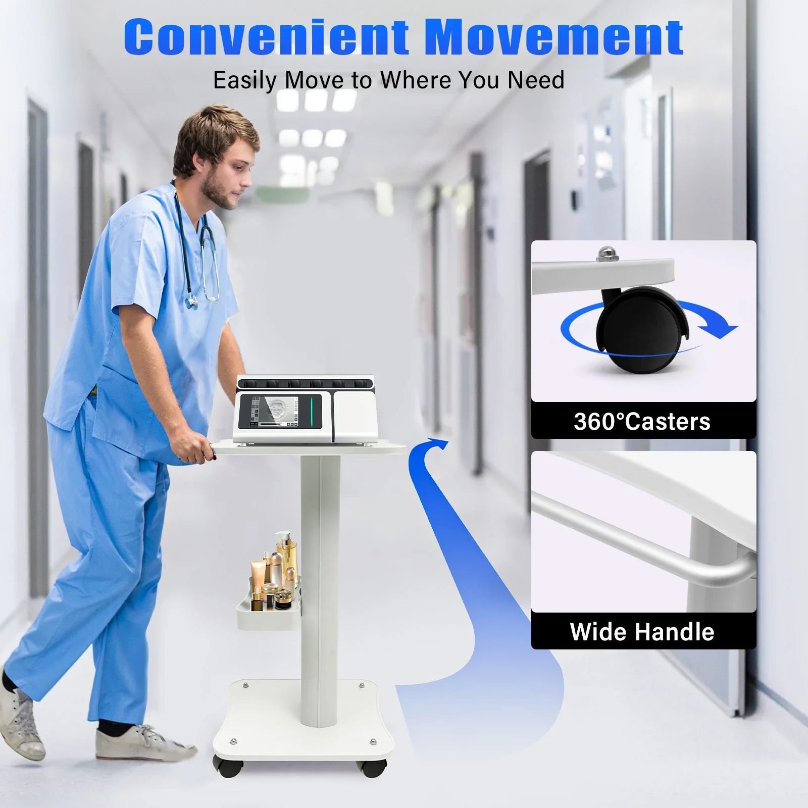 White Salon Trolley – Wooden Board & Metal Cart with 360° Rotating Casters, Large Handle, and Quiet Movement for Spa & Salon image 3
