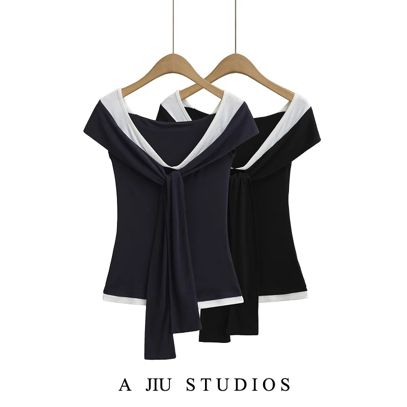 Slim Fit ort oulder T-irt Women's Summer Hot Girl Design Sense Color Blo ort Top Commute Sle Other Material Sve