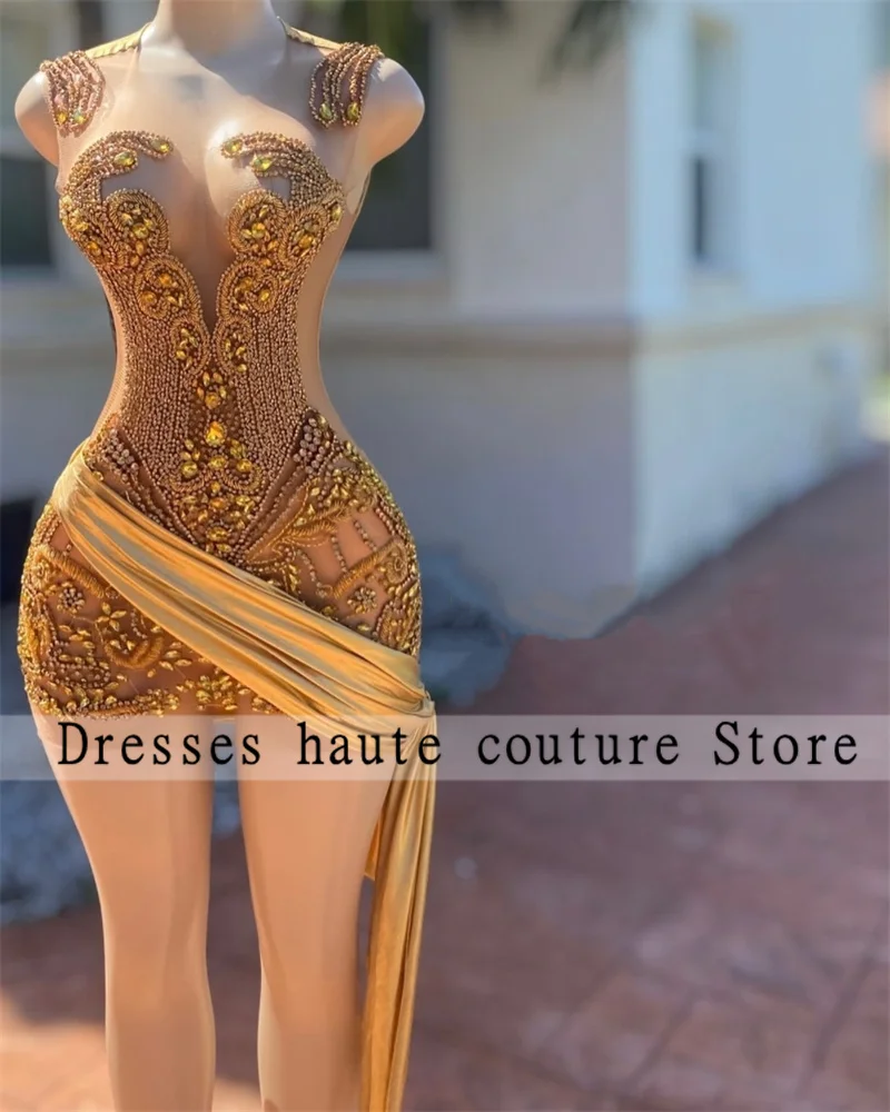 

Luxury Gold Crystal Rhinestones Short Prom Dress 2025 For Black Girl Sparkly Beaded Diamonds Mini Cocktail Dresses Customized