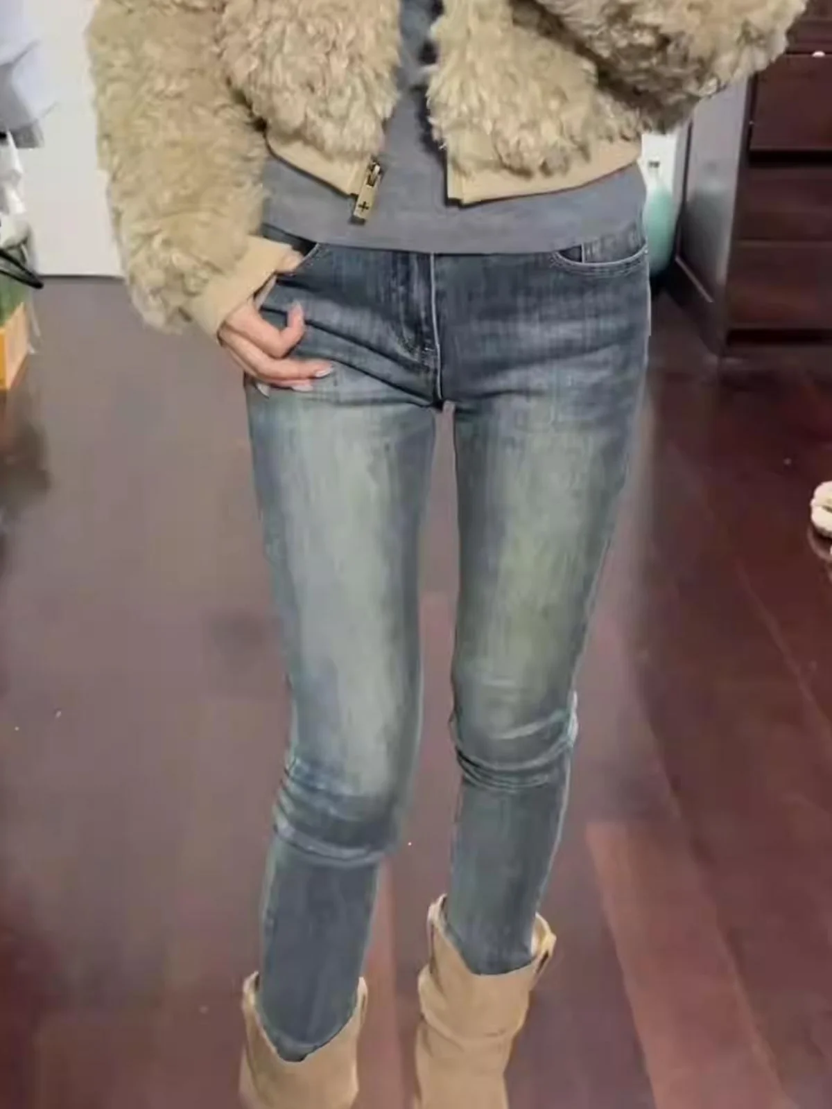 

Retro Korean Sle Bootcut Skinny Jeans Deep Blue High Waist Stretchy Nine Points Pants Women's Casual Cotton Stretch Denim