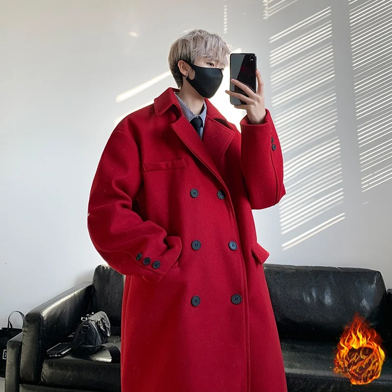 

Thiened Winter Men's Woolen Coat Red Luy Year Outerwear Youth Faion Double Breasted Long Sle Couple Matching Coat