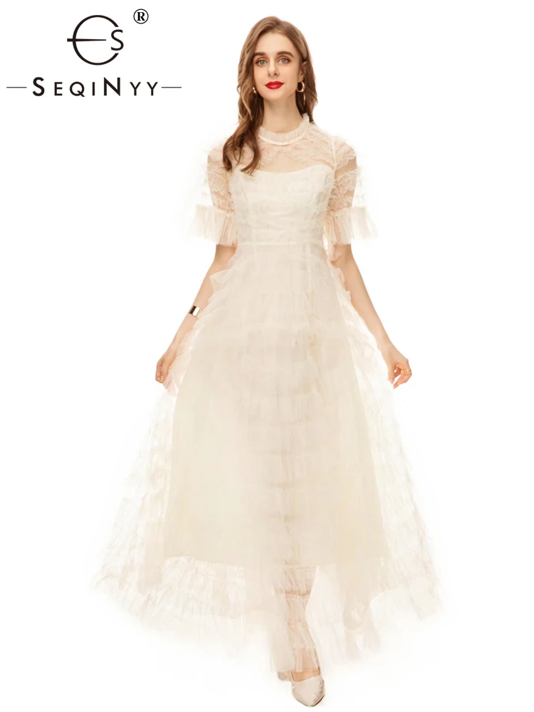 

SEQINYY Women's Elegant Long Dress Runway Short Sleeve Mesh Ruffles A-Line Party High Street Spring Summer New Fashion Design