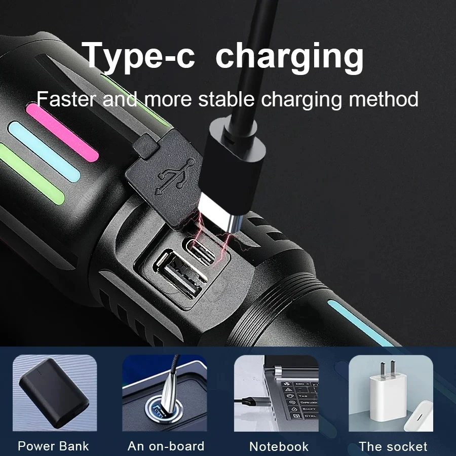 800W High Power White Laser Flashlight with Luminous Strips 3500Meter Long-Range TYPE-C USB Rechargeable Zoomable Camping Lamp