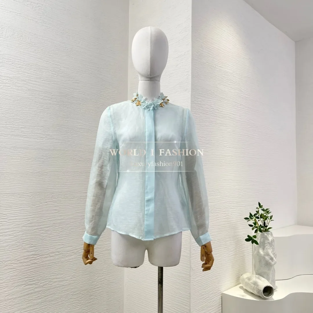 

High Quality Blue Flowers Appliqued At Neck Long Sleeve Blouse Tops