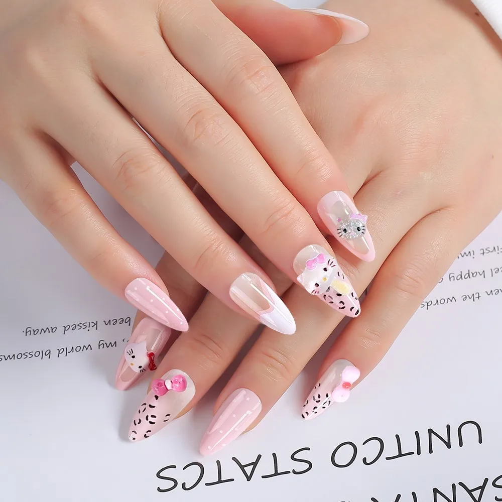 24 قطعة مرحبا كيتي Bowknot اضغط على الأظافر وهمية الوردي الباليه اللوز الفرنسية الأظافر كاذبة كيتي القط اللؤلؤ القلب تصميم أظافر وهمية نصائح #5