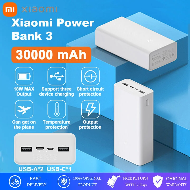 

Xiaomi Mi Power Bank 3 30000mAh QC 3.0 PowerBank Fast Charging USB A Type C Charging 3 Device 18W Large Capacity PB3018ZM