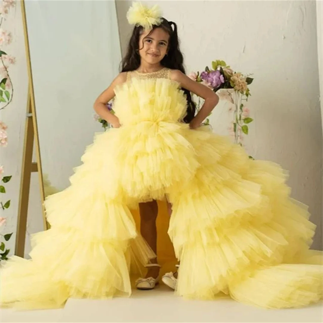 

Princess Flower Girl Dress For Wedding Pink Applique Tulle Sleeveless With Pearls Kids Birthday Party Evening Ball Gown