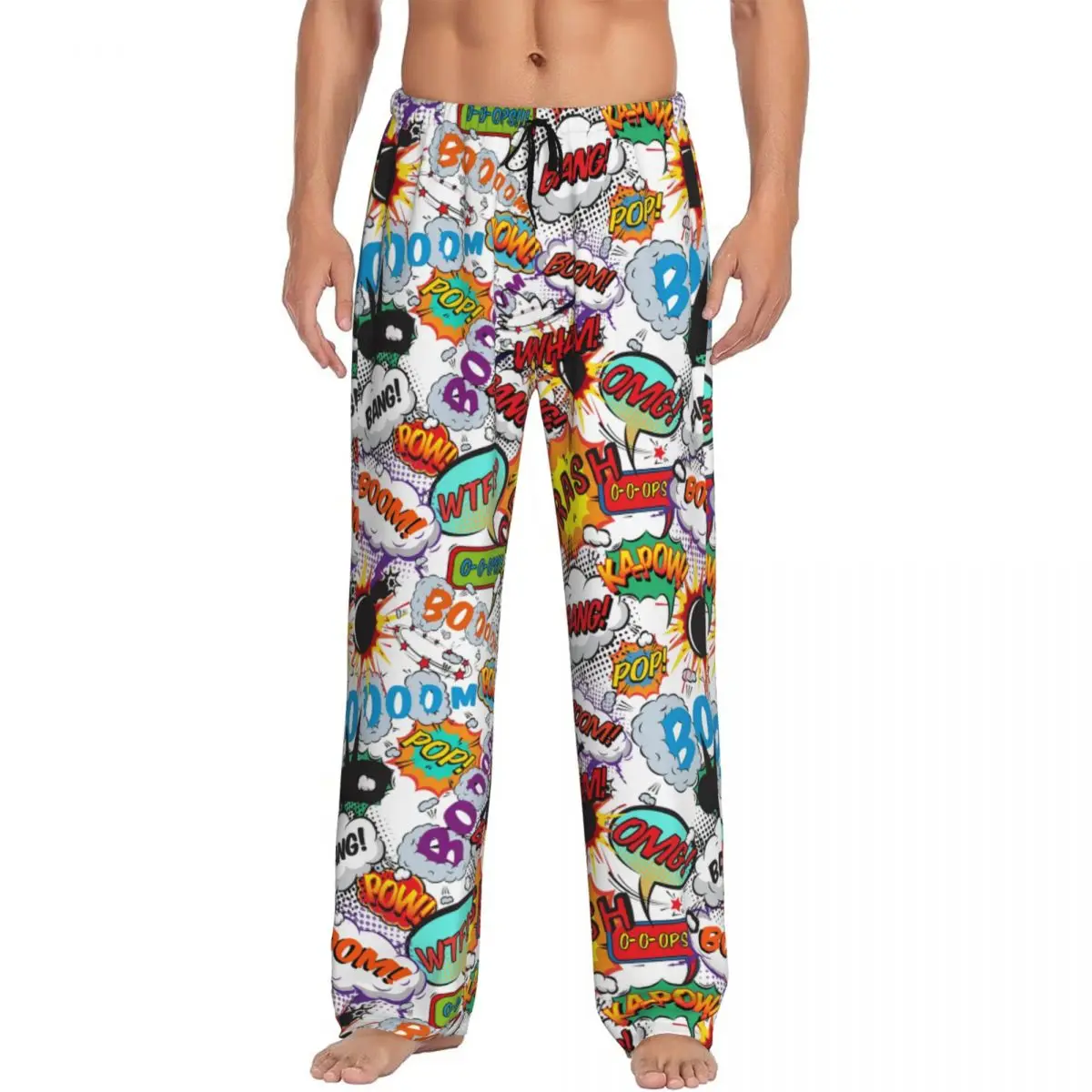 

Custom Print Men's Superhero Comic Book Fun Shout Outs Pop Art Cartoon Pajama Pants Sleepwear Sleep Lounge Bottoms with Pockets