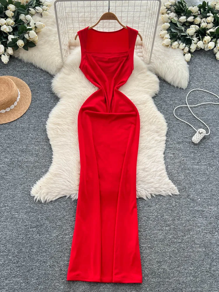 Vestido e mata sin mangas para mujer, falda acampanada de cintura alta, moda de verano, cuello cuad, vestid...