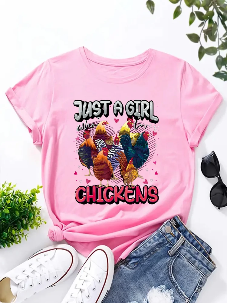 Just A Girl Who Loves Chickens Letter Cute Chicken Lover Farmers Printed T-shirt Round Neck Women\'s Top