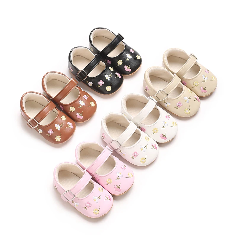 Baby Girls Mary Jane Flats PU Leather Infant Dress Shoes Floral Embroidery Princess Shoes