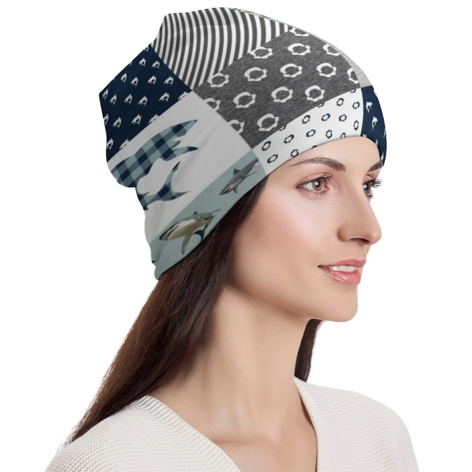 Funny Shark Print Bonnet Hats Animal Checkerboard Beanie Hats Design Skullies Beanies Autumn Vintage Men Women Hippie Warm Caps