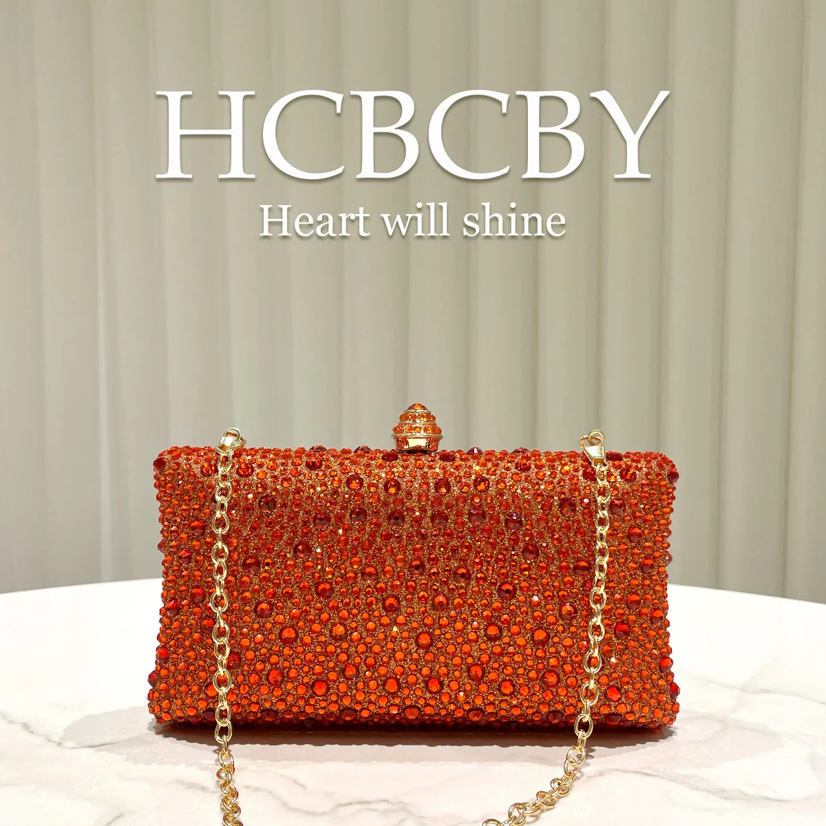 Orange light luxury hot diamond decorative dinner bag, women's fashion temperament elegant wedding dress evening clutch bag