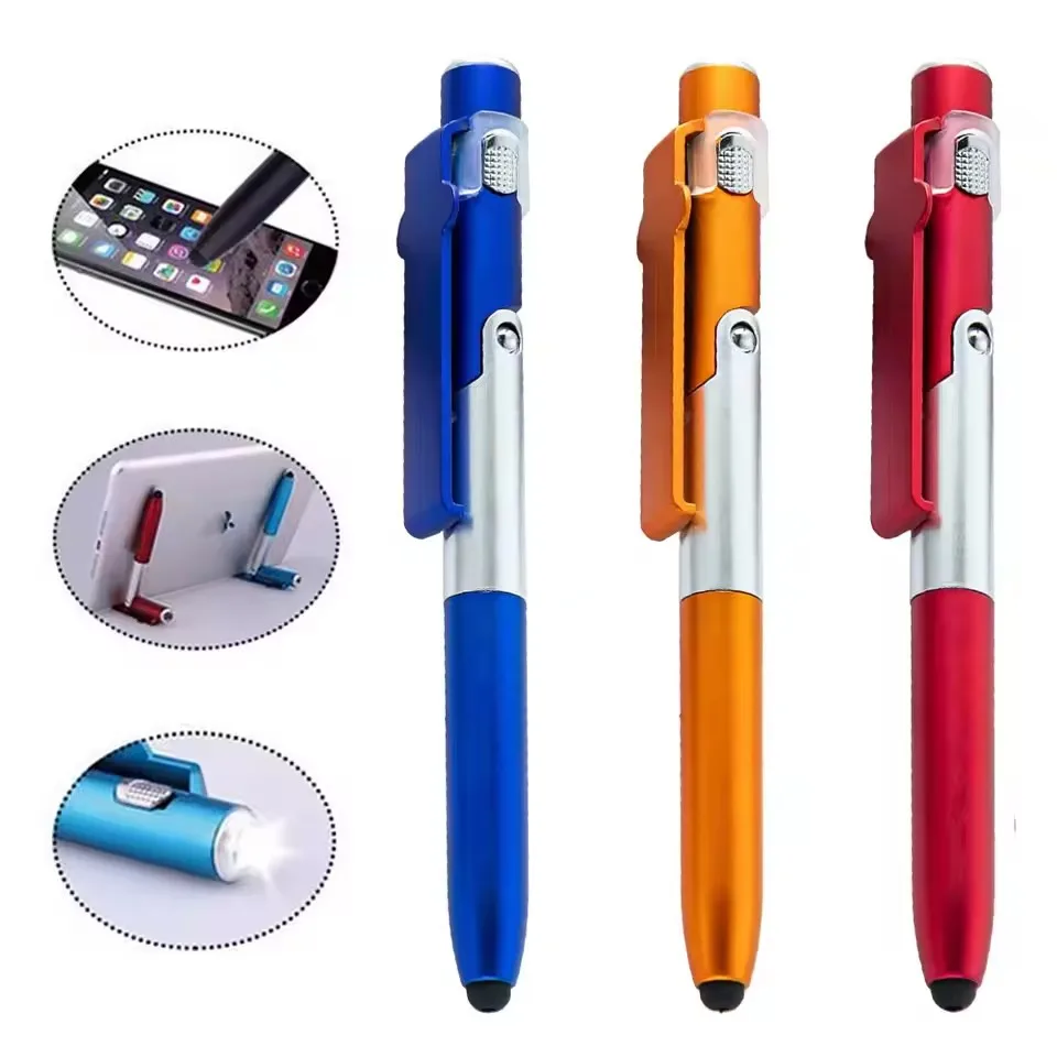 4 In 1 Multifunction Ballpoint Pen with LED Light Fold Phone Holder Night Read Writing Pencil Office School Student Stationery