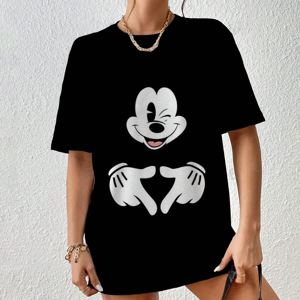 T-shirt imprimé Mickey Mouse pour femmes et hommes, mignon, à la mode, chemisiers pour dames, dessin animé Minnie, hauts féminins, vêtements Kawaii, 2024