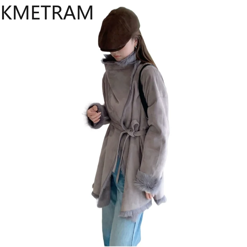KMETRAM Real Goatskin with Wool Attached Jacket Women Luxury Mid Length Fur Coat 2025 Winter New in Coats Woman Clothing шуба
