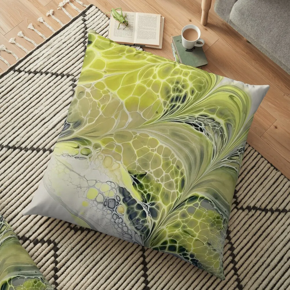

Yellow and Grey Abstract Fluid Art with Cells by Crystal Coast Originals Floor Pillow Sofa Decorative Covers