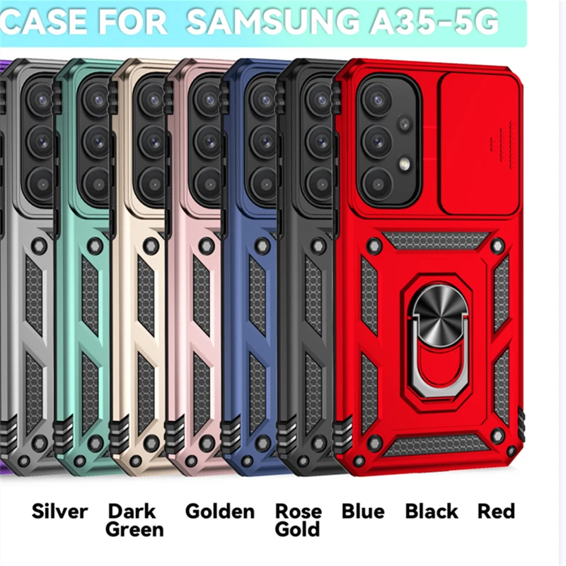 For Cover Samsung A35 Case Samsung Galaxy A35 5G Capas PC Shockproof Armor Slide Camera Lens Ring Holder Fundas Samsung A35 A 35