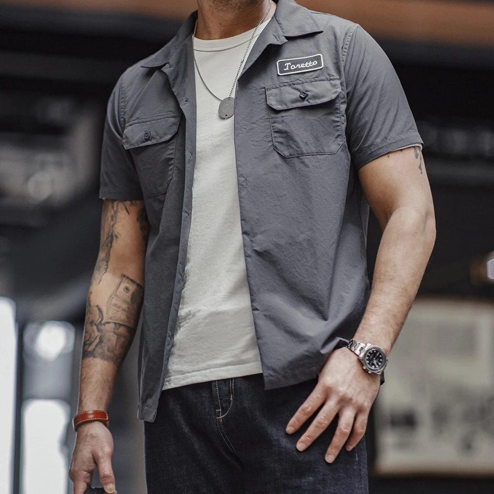 

Рубашка Maden Retro Toretto с короткими рукавами, темно-серая тонкая однотонная рубашка с вышитыми лацканами для мужчин, летние топы