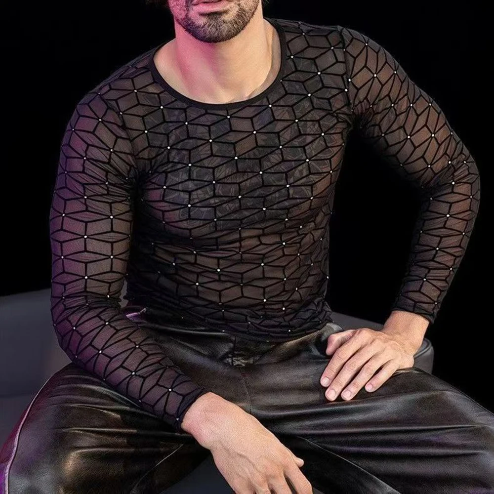 Mens Mesh Long-Sleeved Drop-Shoulder See-Through T-Shirt Nightclub Wear Fitness Breathable Bottoming Shirt Performance Clothes