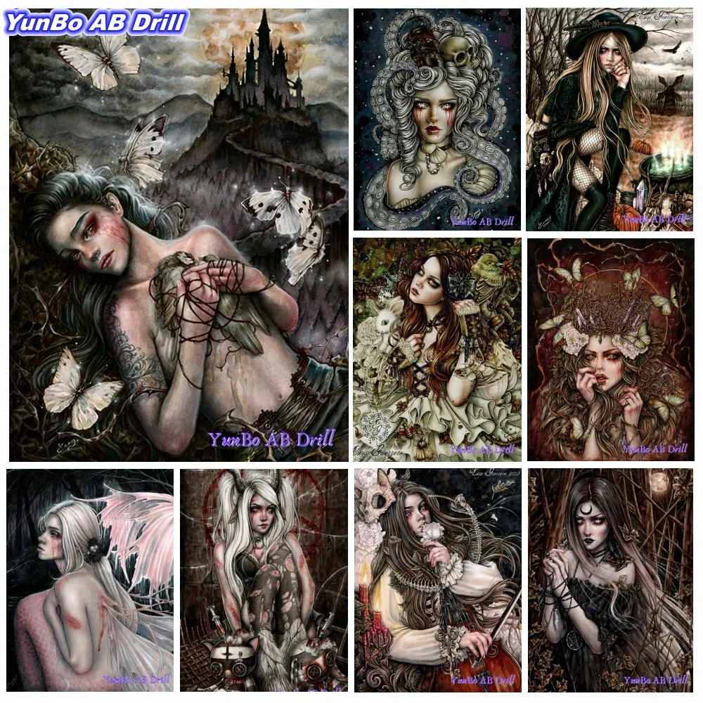 AB Drill Gothic Dark Witch Victoria Diamond Painting Frances Vampire Girl Cross Stitch Embroidery Craft Rhinestone Home DecorNew