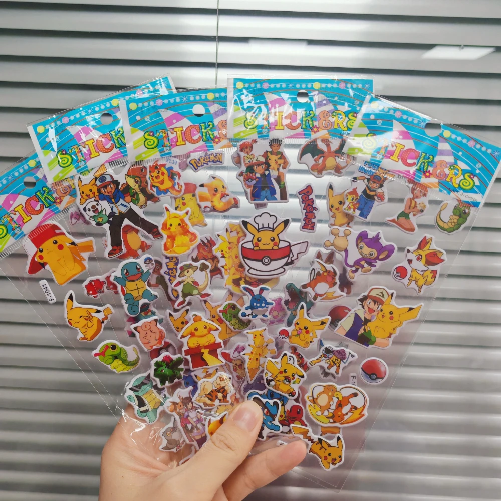 12 folhas bonito anime pokemon adesivos kawaii 3d pikachu decalques crianças brinquedos dos desenhos animados pasta de bolha engrossar o recompensa adesivo presentes