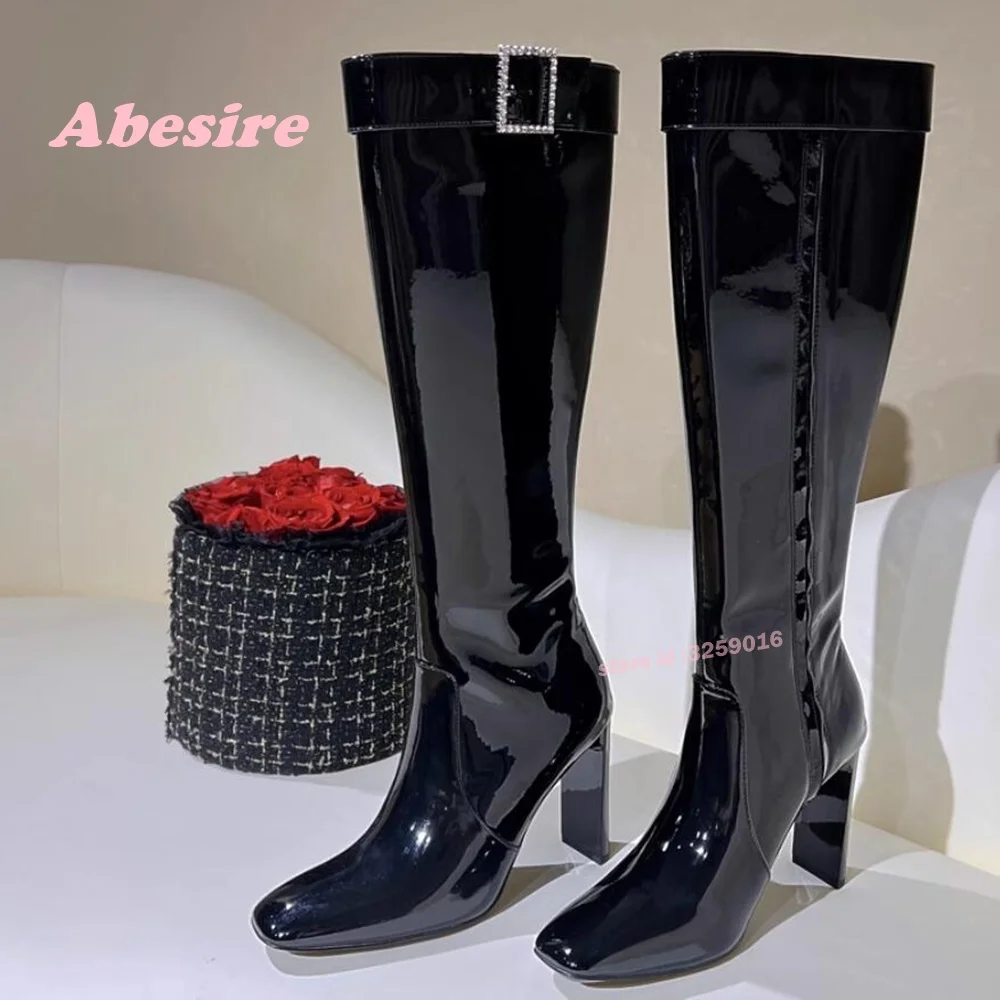 Black Patent Leather Square Toe Boots Chunky Heels Buckle Strap Women's Knee High Boots Winter Solid 2024 New Shoes Luxury Sexy