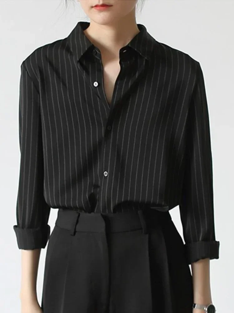 Blusa feminina listrada francesa 2025 primavera nova moda solta camisas pretas para mulheres vertical elegante tops de manga comprida para mulheres