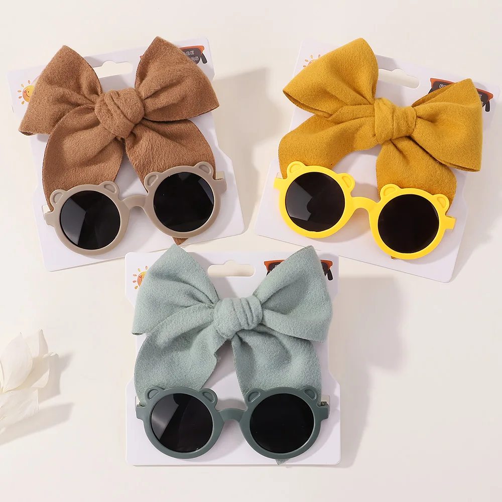 2pcs/Set Girl Cute Cartoon Sunglasses with Large Nylon Hairpin Beach Seaside Sun Glasses Baby Hair Clip Kids Headwear Gift