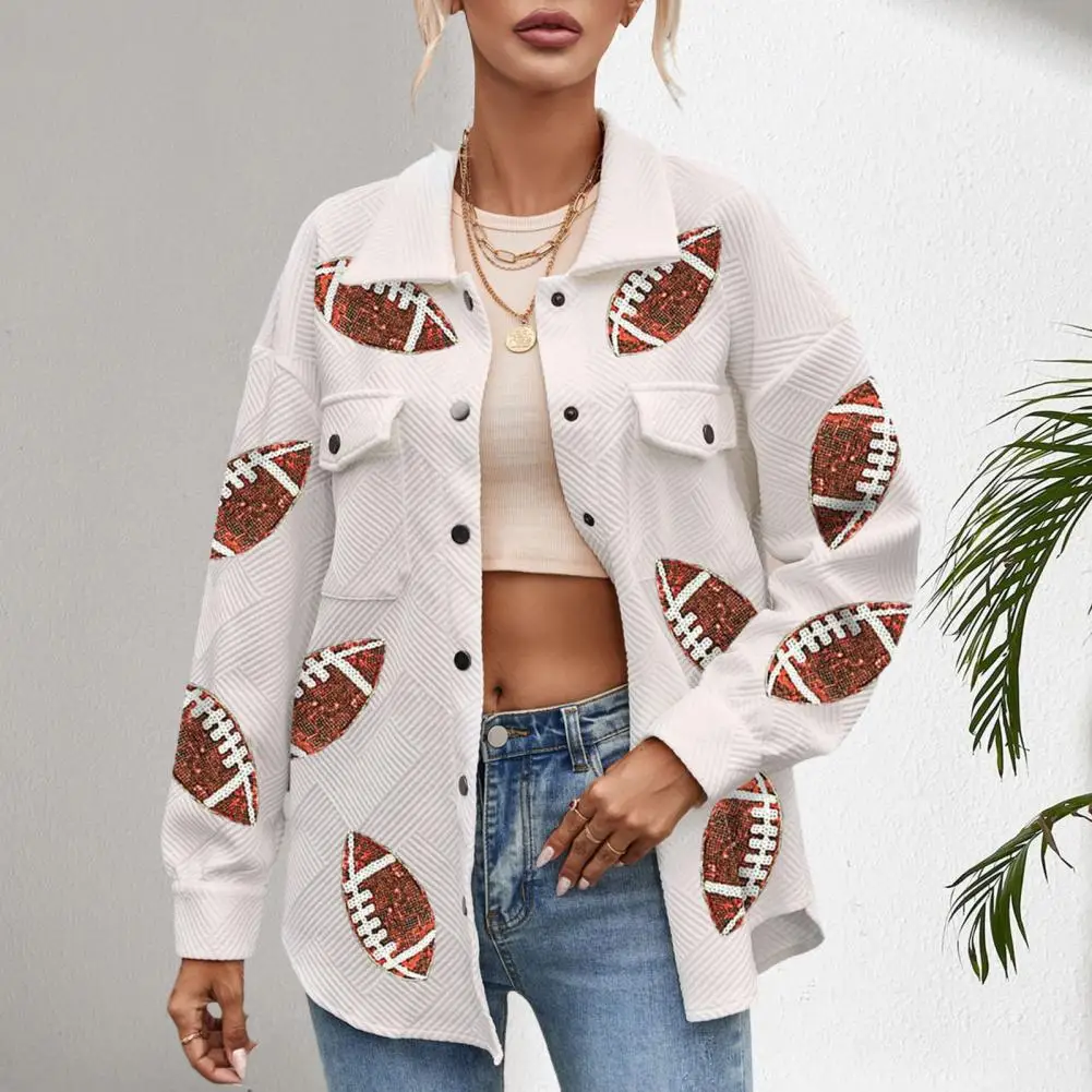 Women Spring Coat Sequin Rugby Ball Pattern Turn-down Collar Outerwear Mid Length Single-breasted Patch Pockets Shirt Jacket