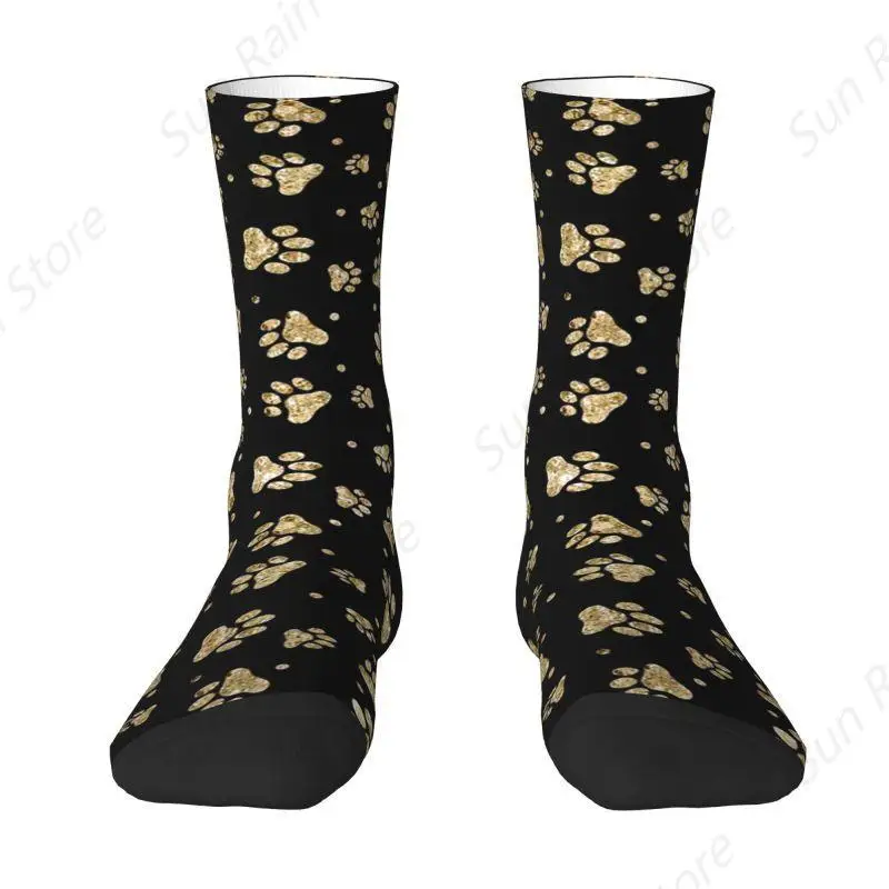 Glitter Gold Dog Paw Men Women Crew Socks Unisex Funny Animal Lover Spring Summer Autumn Winter Dress Socks