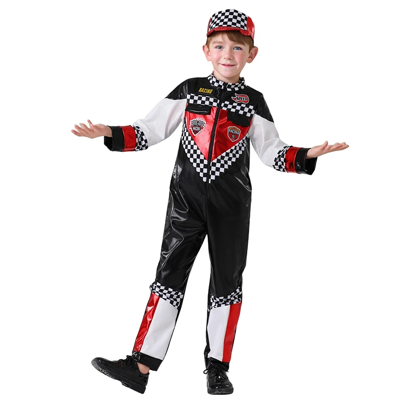 Niño Motor Racing Driver carnaval Halloween vestido elegante negro rojo Racecar uniforme ropa Niños disfraz de coche de carreras