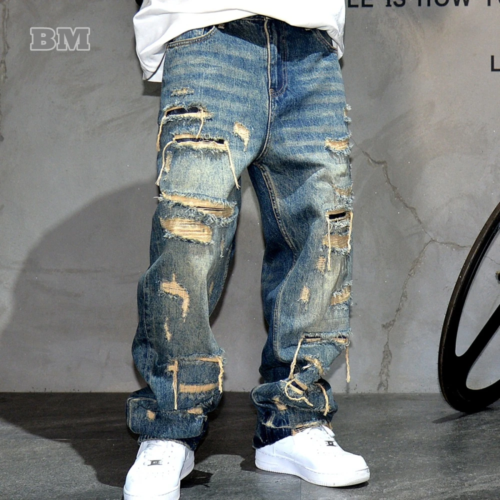 American Streetwear Hand Sewn Patch Ripped Jeans For Men Skateboard Baggy Denim Straight Leg Pants Harajuku Fashion Trousers