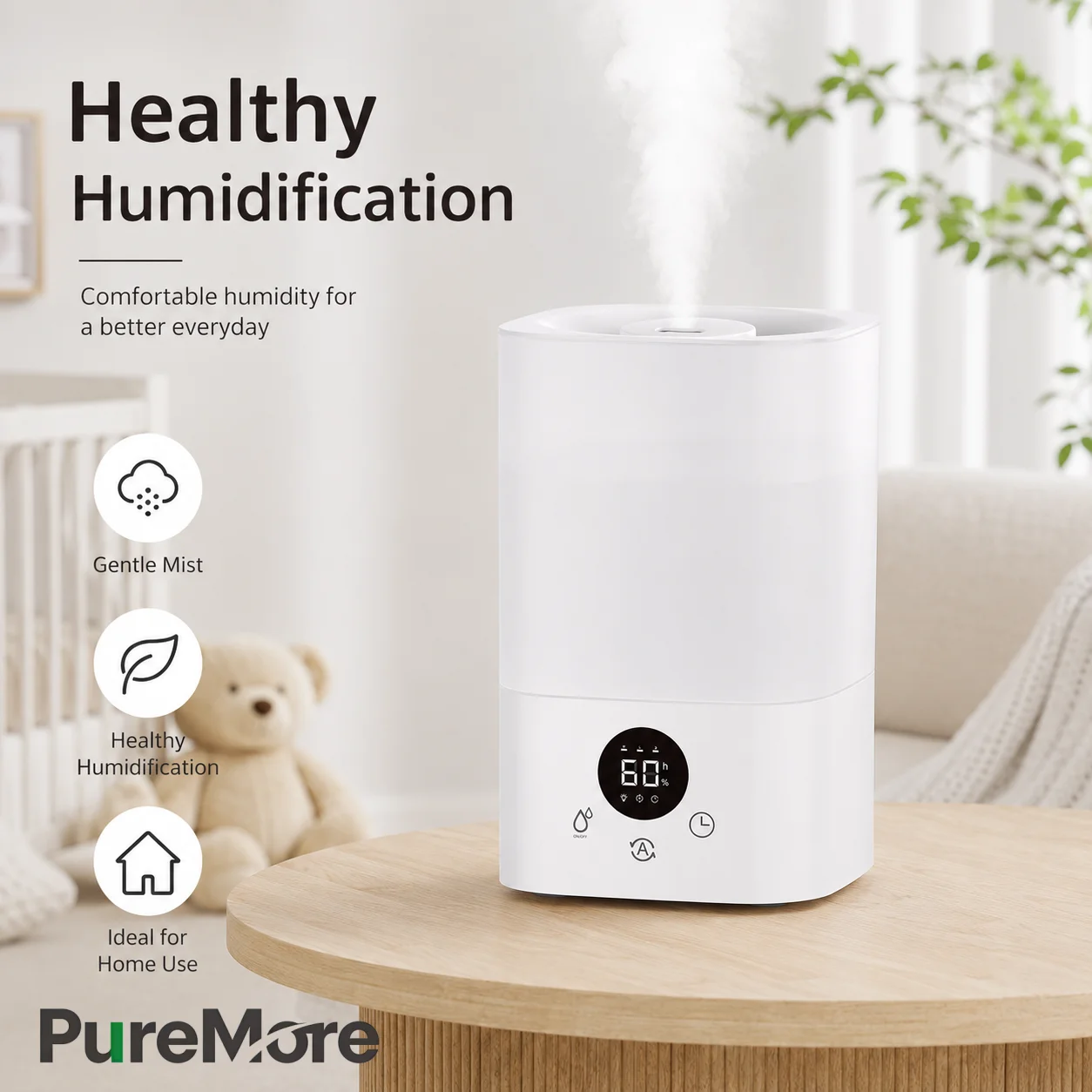 Portable Electric Cool Mist Humidifier with Soft Ambient Light Digital Screen Easy Refill for Home Office Room Humidifier