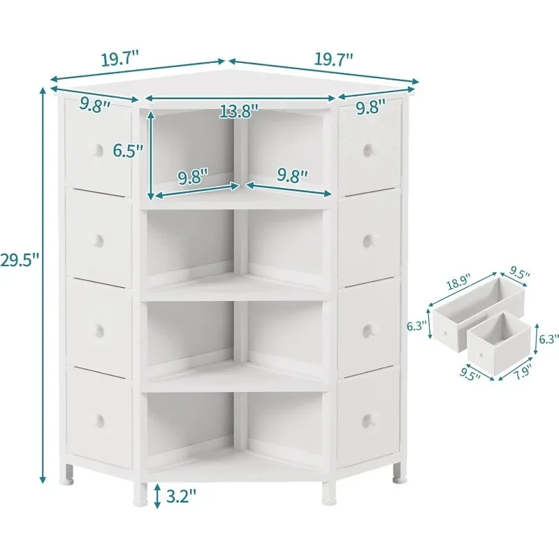 Eck kommode mit 8 Schubladen, Holzplatte und Regalen (weiß)