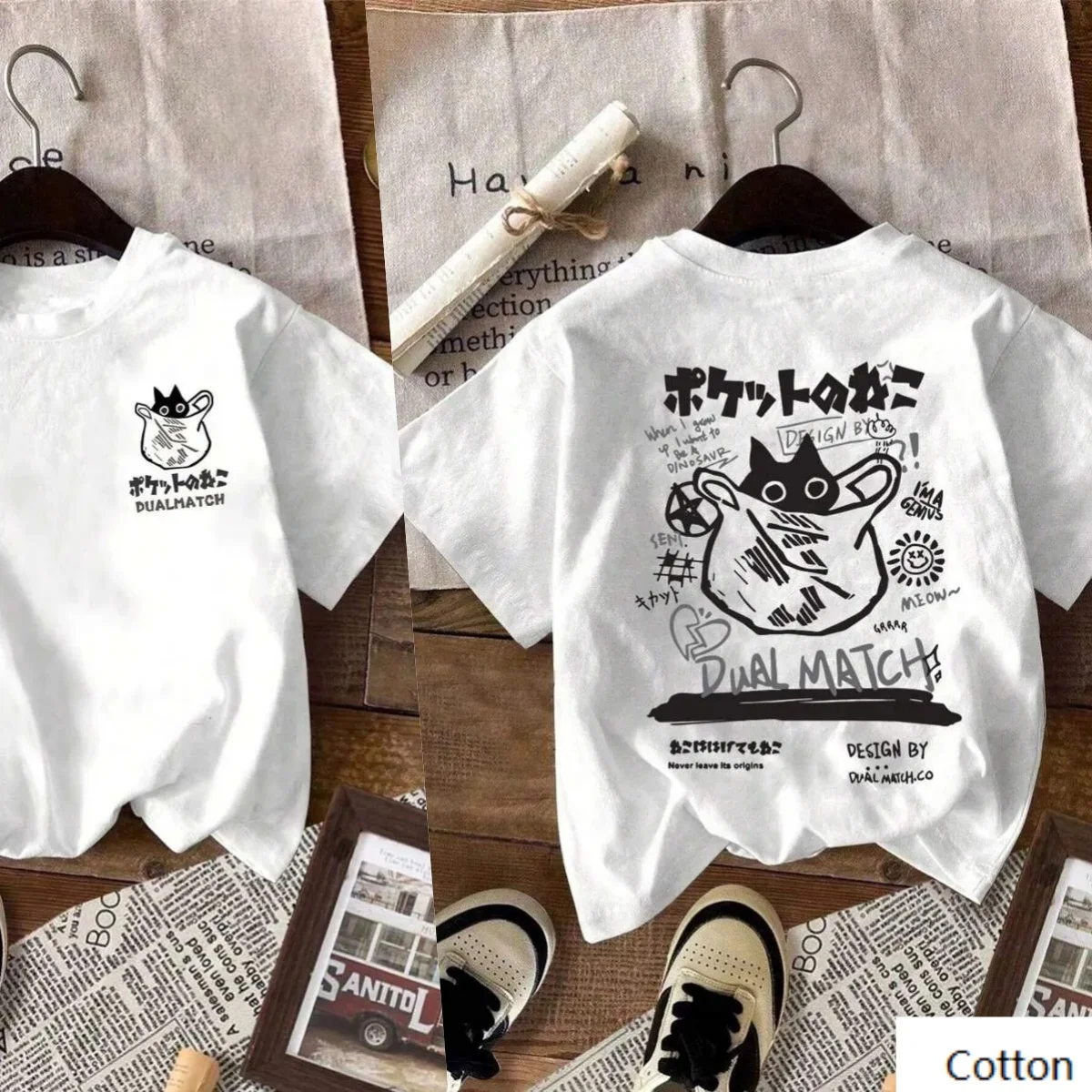 

Хлопковая футболка с мотивом «Кот в сумке» и японским текстом. Модная брендовая футболка из чистого хлопка с принтом. Универсальная футболка унисекс с круглым вырезом.