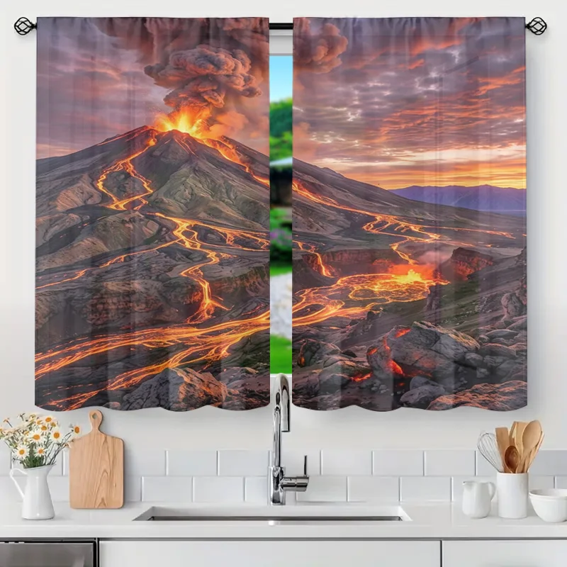 Dramatic Volcano Lava Flow Eruption Sunset Curtains Semi-Sheer Window Decoration Curtain Panel Drapes for Bathroom Kitchen Bedro