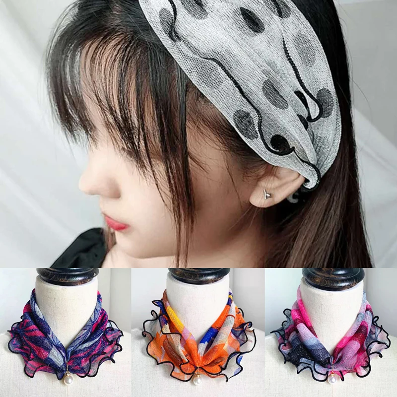 1PC Pearl Lace Scarf Neck Collar Print Shiny Variety Loop Scarf Ruffle Lace Scarf Pearl Pendant Chiffon Scarves Bandana Headband