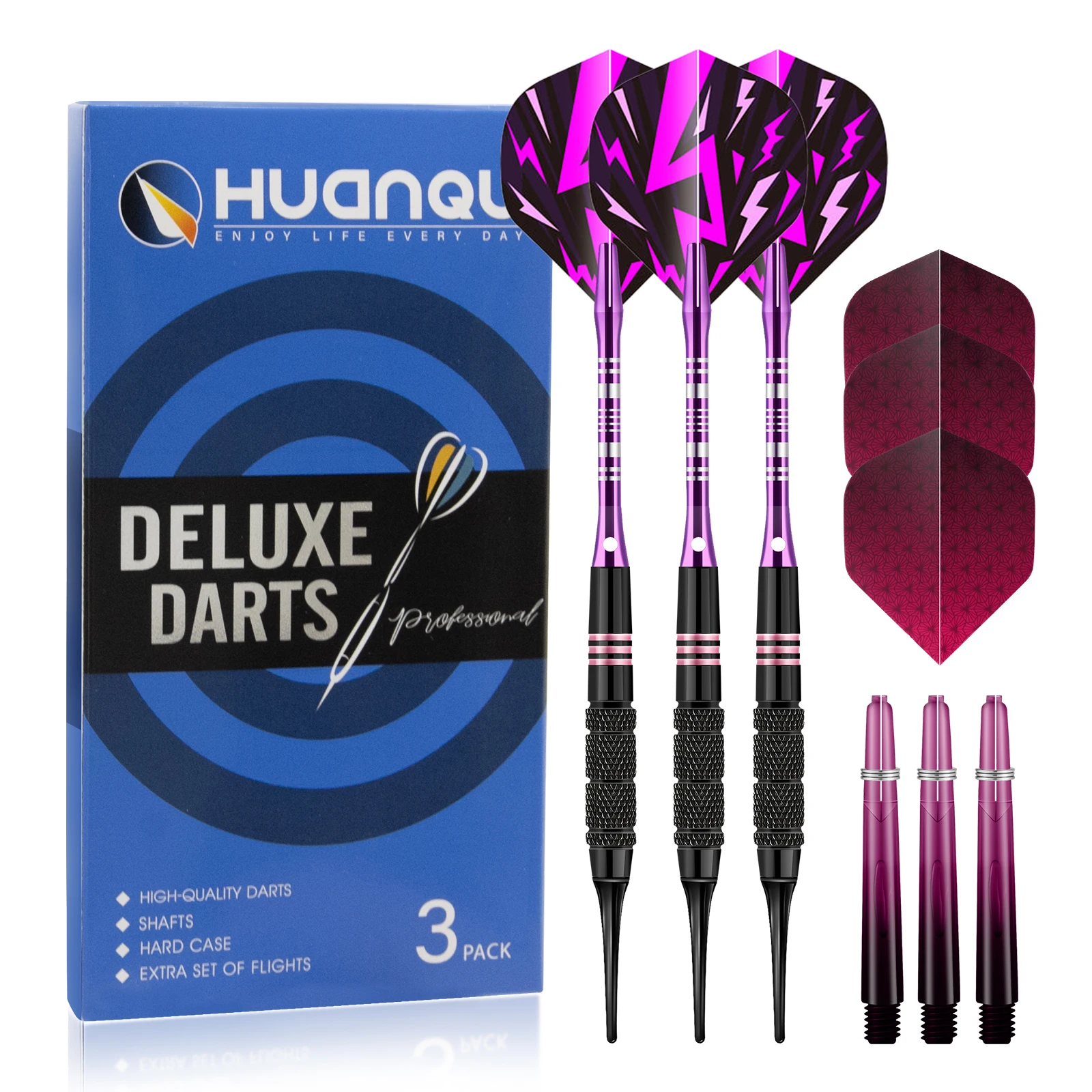 Juego de 3 piezas Huanqu de 16g en la serie rosa y morado, incluye alas para dardos, puntas de seguridad de repuesto, accesorios para tablero de dardos electrónico, equipo completo de dardos para adultos, hogar, bar y sala de juegos, combinación de colore
