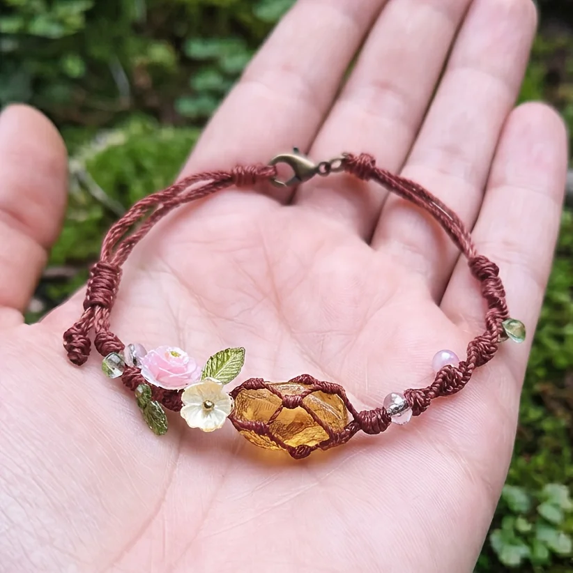 Natural Yellow Crystal Bracelet for Women Handmade Woven with Rope And 3D Flower Accents Vintage Forest System INS Style Unique