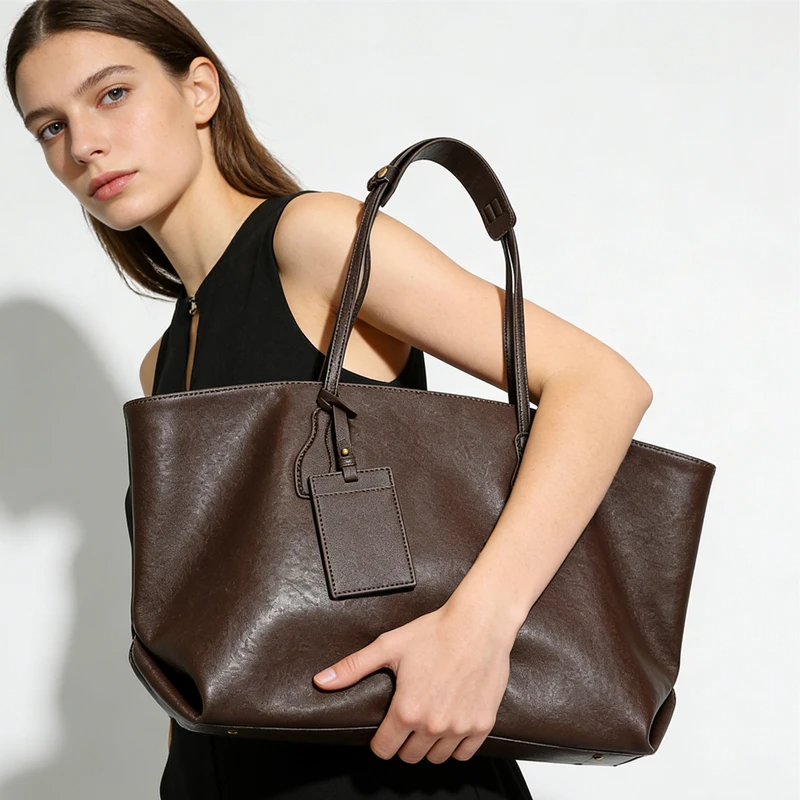 

BURMINSA Cowhide Genuine Leather Large Soft Shoulder Tote Bags For Women 2026 Luxury Designer Big Shopping Work Ladies Handbags